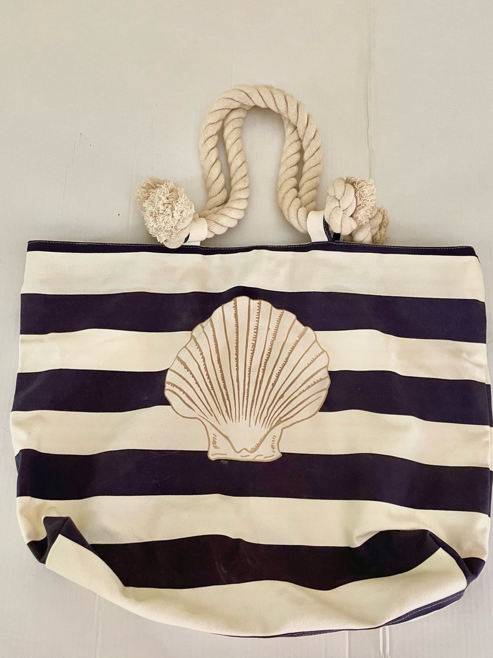 Nantucket Heavy Cotton Canvas Bag Pool Beach Shell Motif Stripes Large Like New